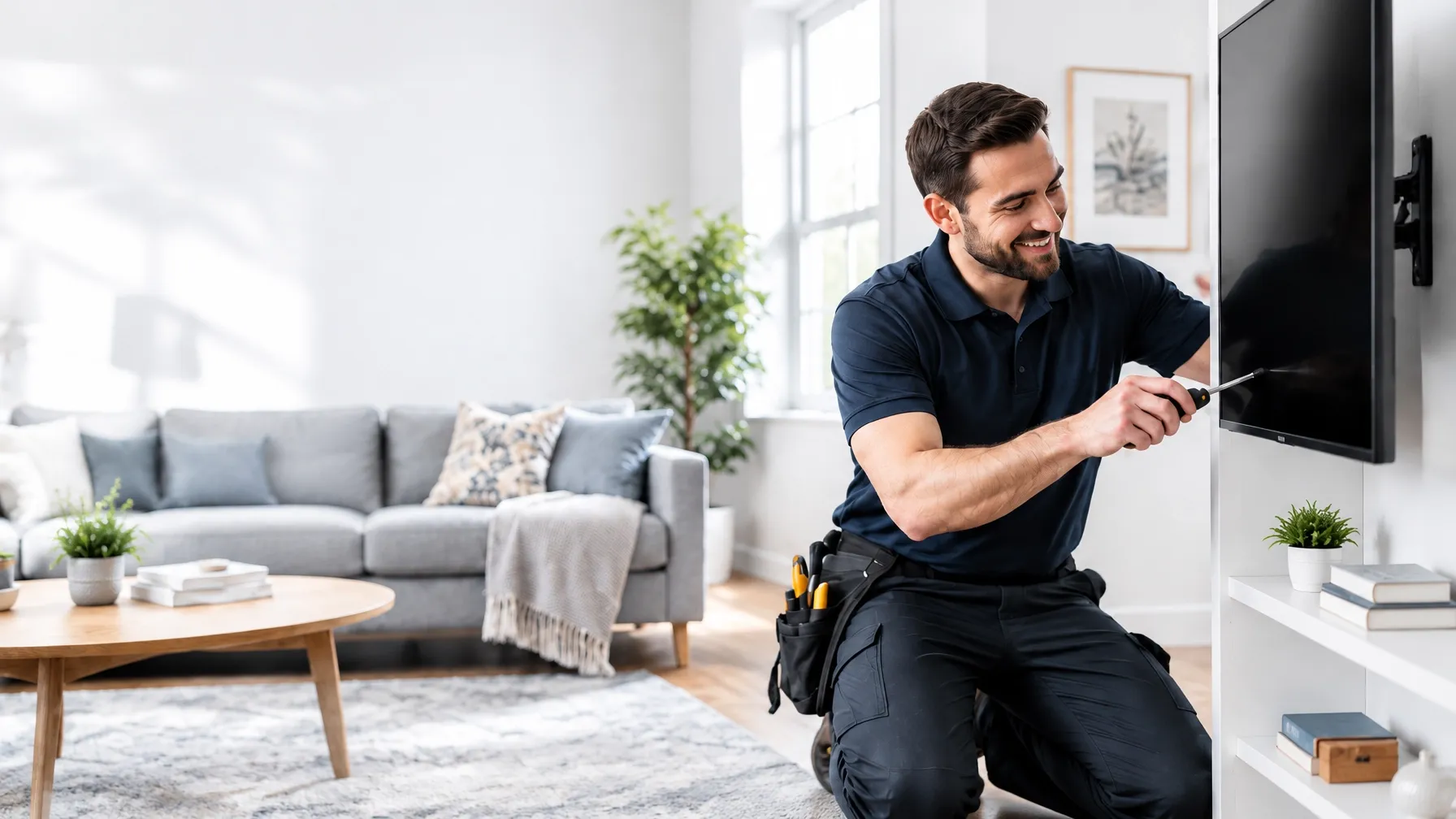 Assembly professional mounting a television in a bright living room